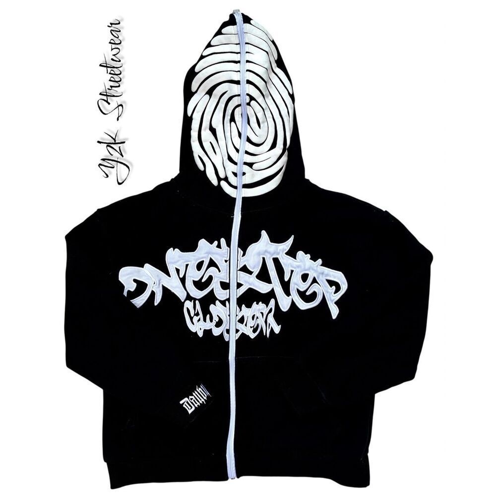 Y2K Black SZ S Irregular Pattern Gothic Punk Full Zip-Up Hoodie Jacket